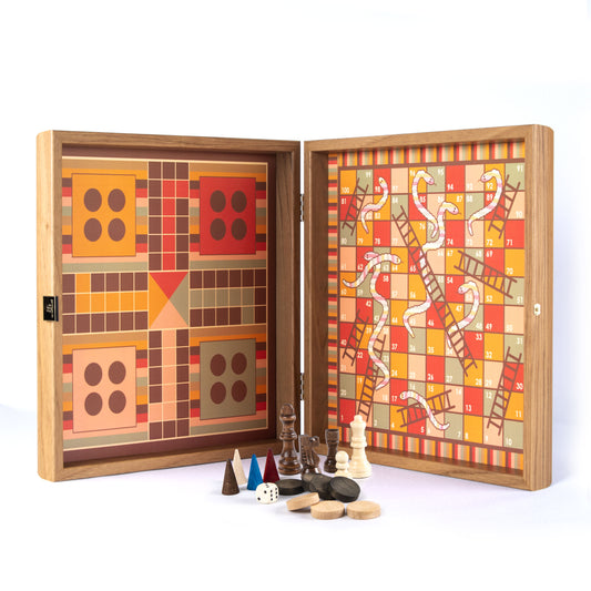 Chess Backgammon Ludo Snakes Rainbow Walnut Replica Wooden Case