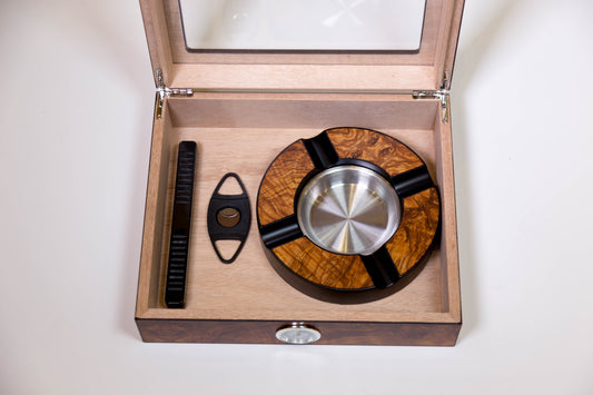 Humidor Set Ebony Glass With Ashtray And Cutter