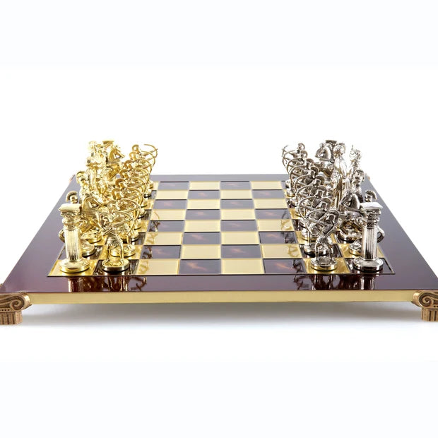 Handcrafted Archers Chess Set - Gold & Silver Chessmen with Red Board (Large)