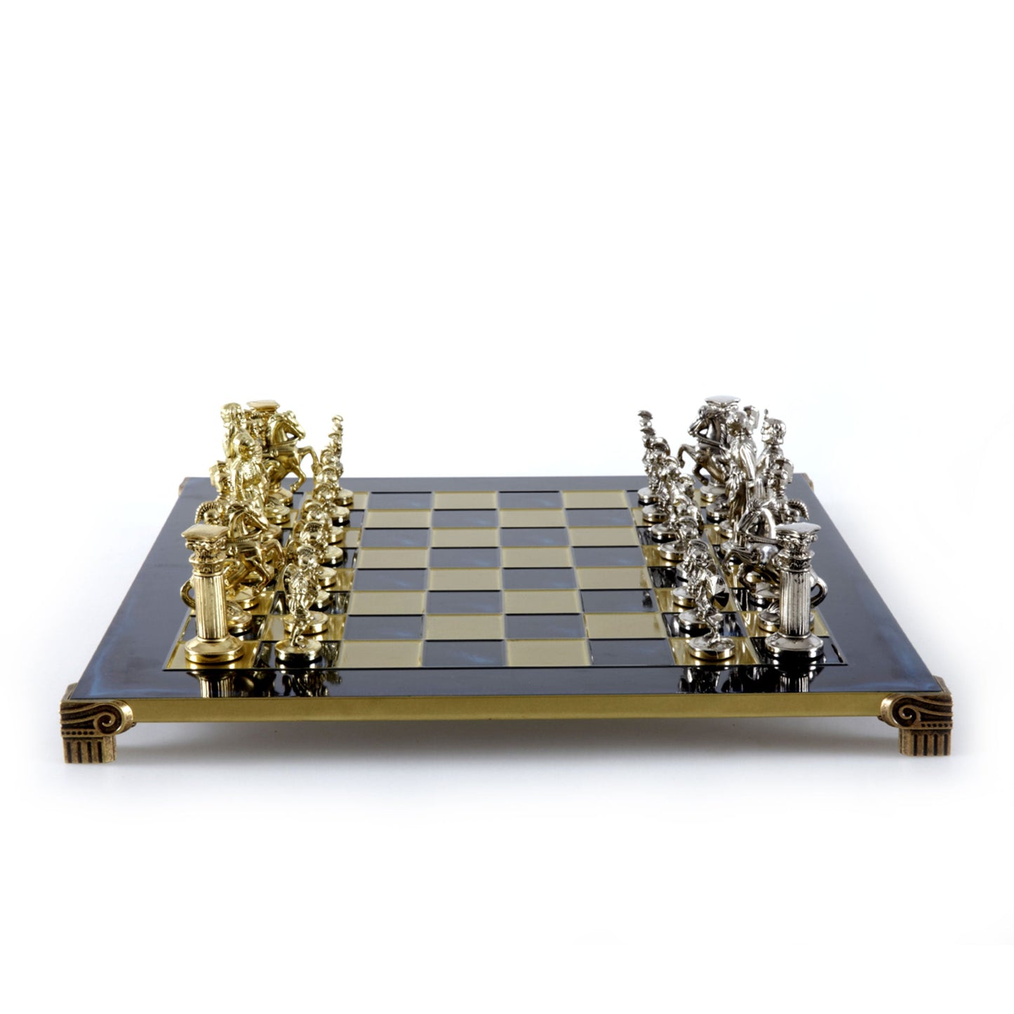 Greek Roman Period Metal Chess Gold Silver With Blue Base with chess wooden box