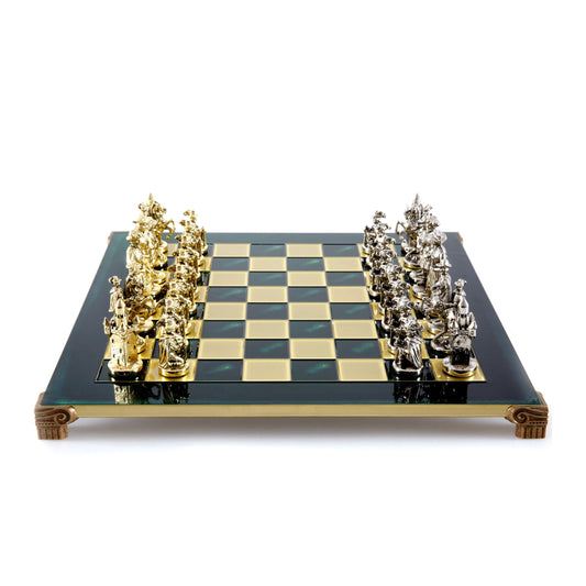 MEDIEVAL KNIGHTS CHESS SET with gold/silver chessmen and bronze chessboard 44 x 44cm (Large)