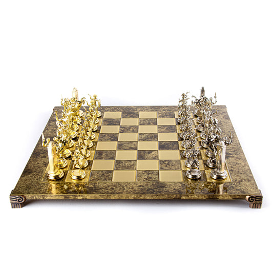 Greek Mythology Metal Chess With Gold Brown Base with chess wooden box