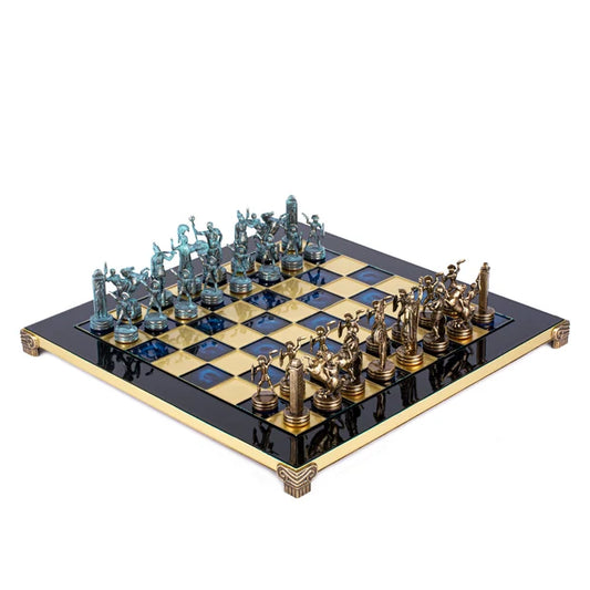 Handcrafted Greek Mythology Chess Set with Blue & Brown Chessmen on Bronze Chessboard – 36x36cm (Medium)