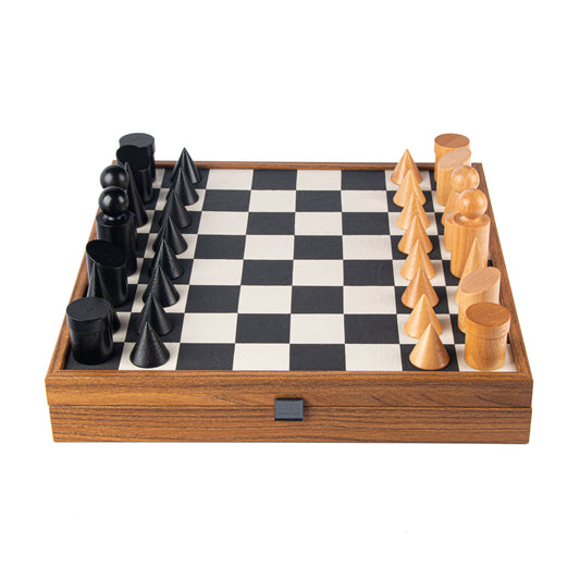 Black & White Leatherette Inlaid Chessboard With Bauhaus Style Wooden Chessmen