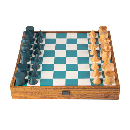 Black & White Leatherette Inlaid Chessboard With Bauhaus Style Wooden Chessmen