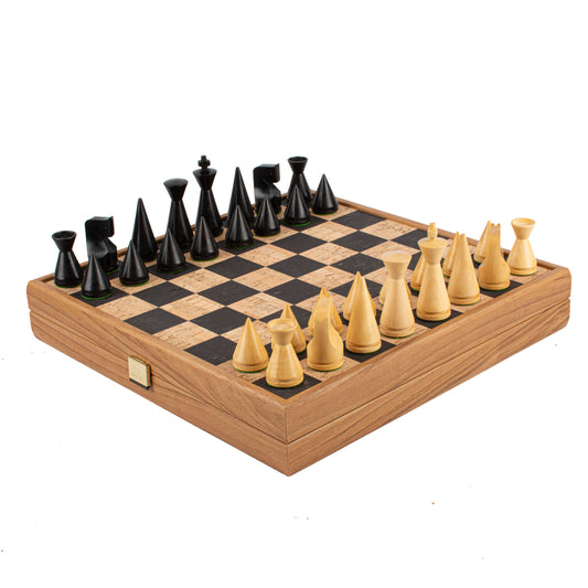 Black Natural Cork Chessboard Inlaid on Wooden Box With Natural & Ebonised Chessmen