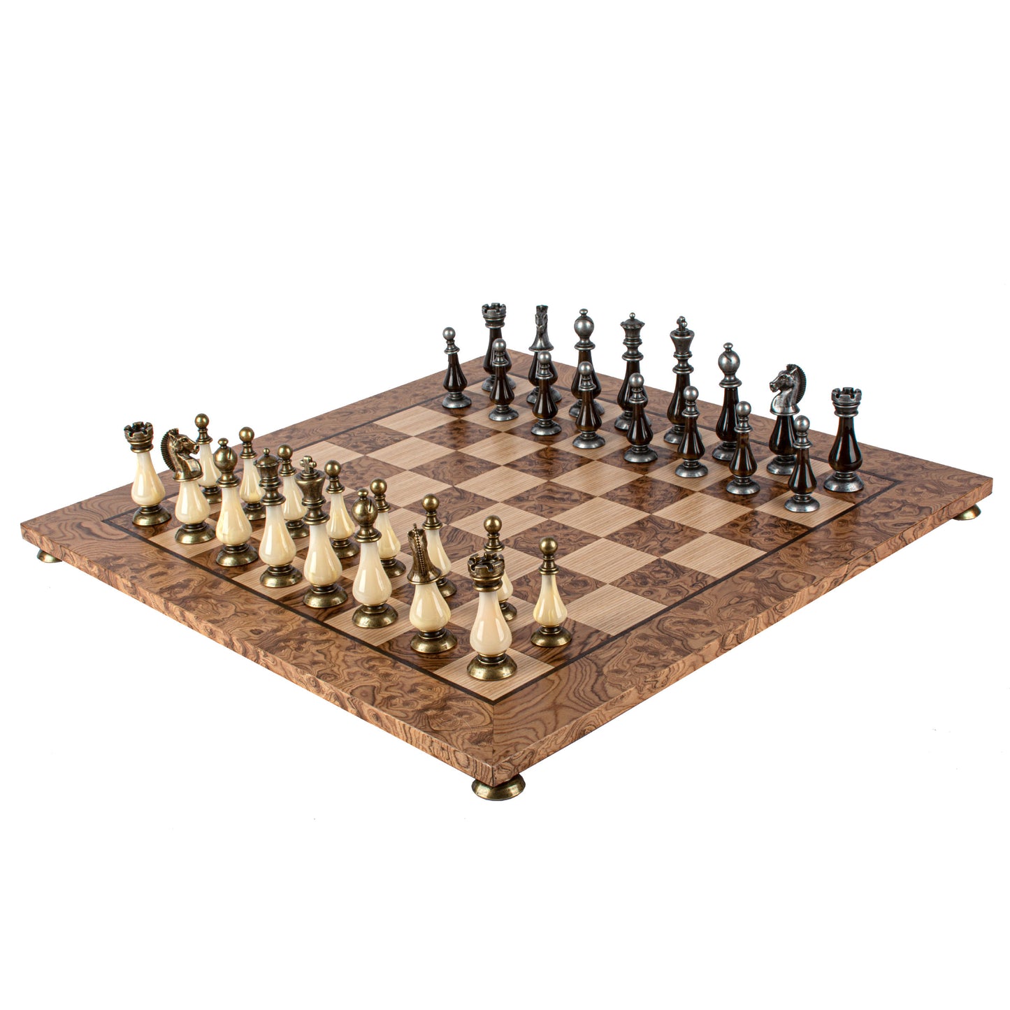 Pearl & Metal Chess Set With Walnut Burl Oak Chessboard