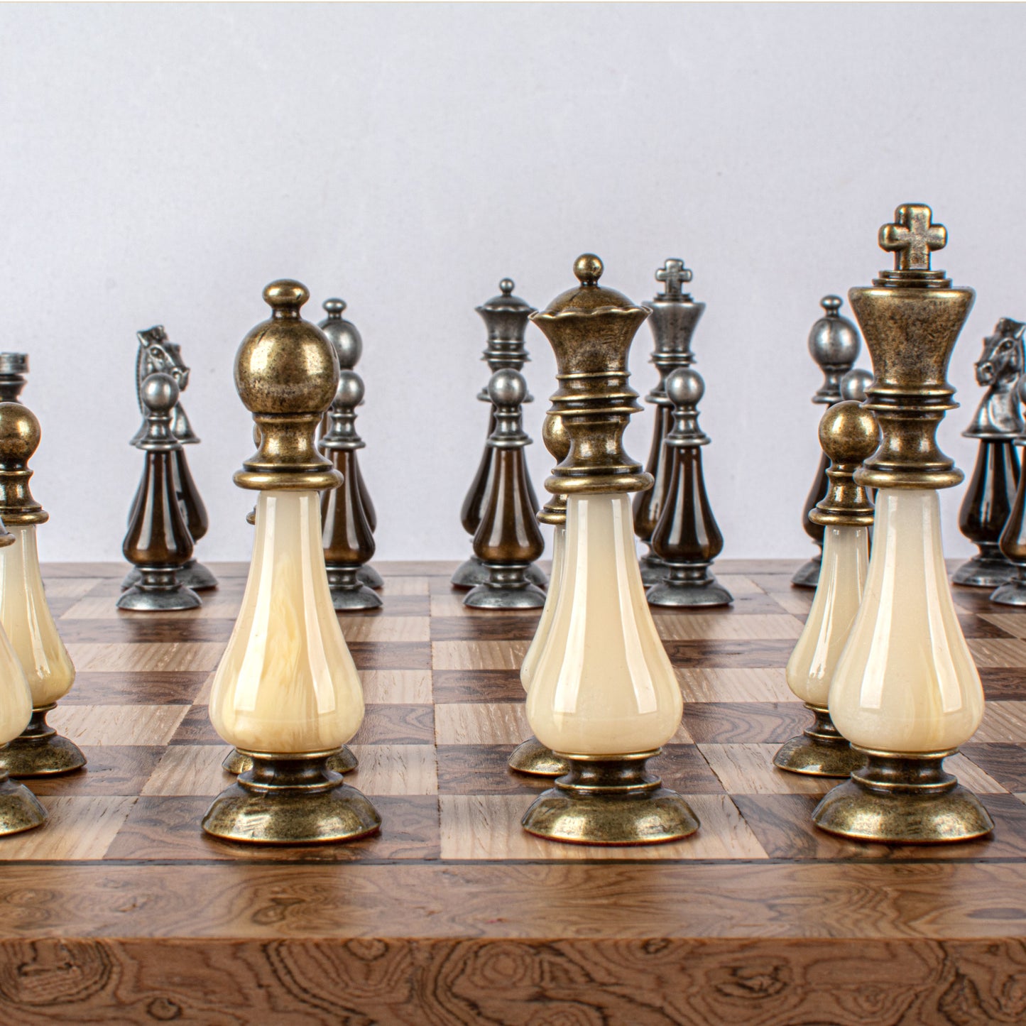 Pearl & Metal Chess Set With Walnut Burl Oak Chessboard