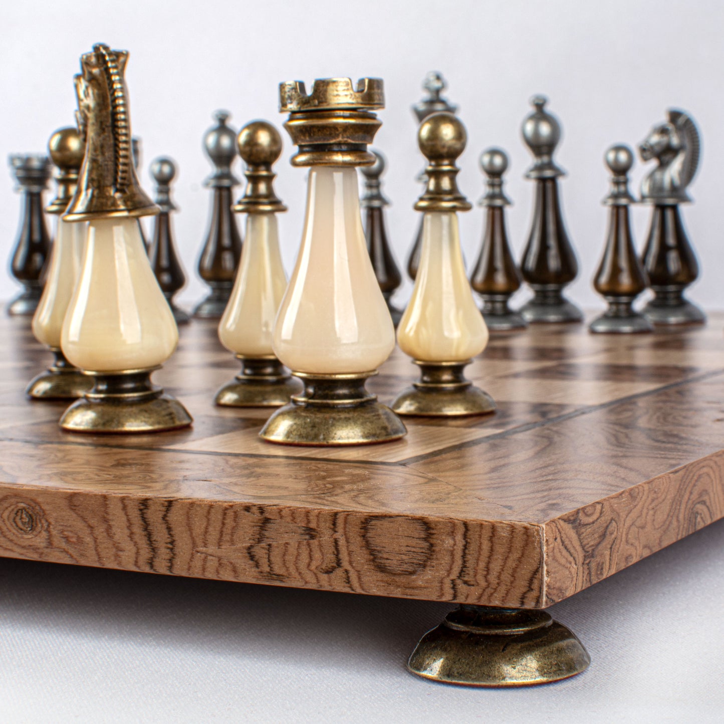 Pearl & Metal Chess Set With Walnut Burl Oak Chessboard