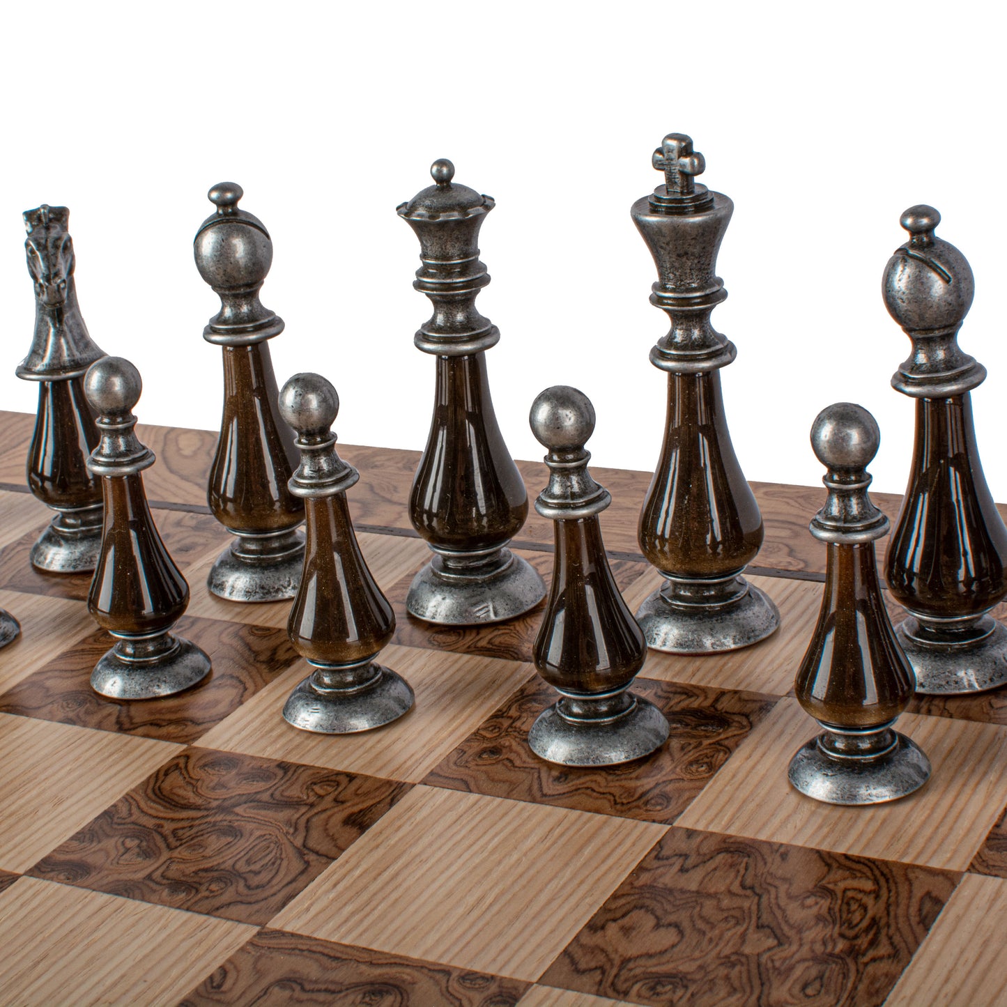 Pearl & Metal Chess Set With Walnut Burl Oak Chessboard