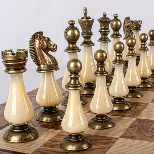 Pearl & Metal Chess Set With Walnut Burl Oak Chessboard
