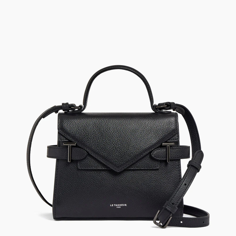 Emilie Small Handbag With Double Flap In Grained Black Leather
