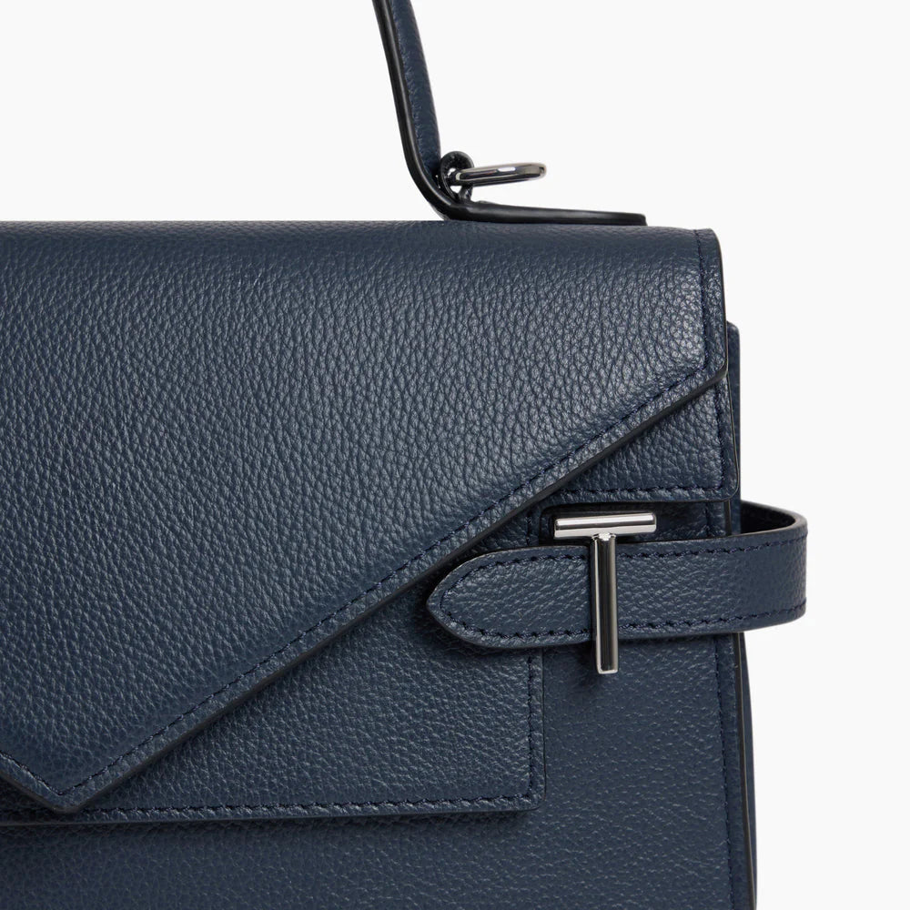 Emilie Medium Handbag With Double Flap In Grained Dark Blue Leather