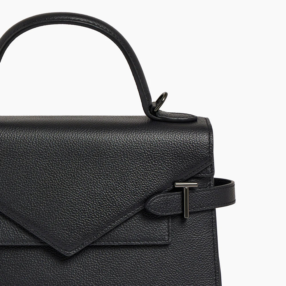 Emilie Medium Handbag With Double Flap In Grained Black Leather