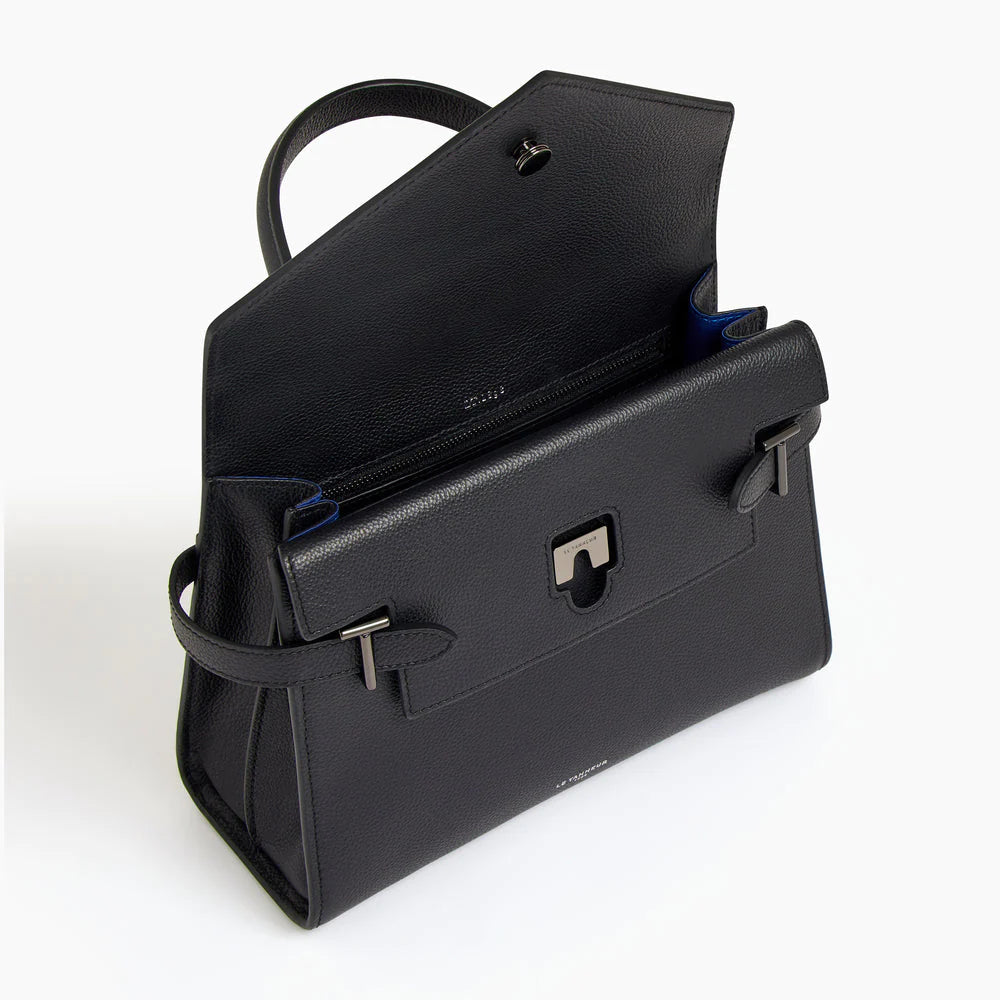 Emilie Medium Handbag With Double Flap In Grained Black Leather