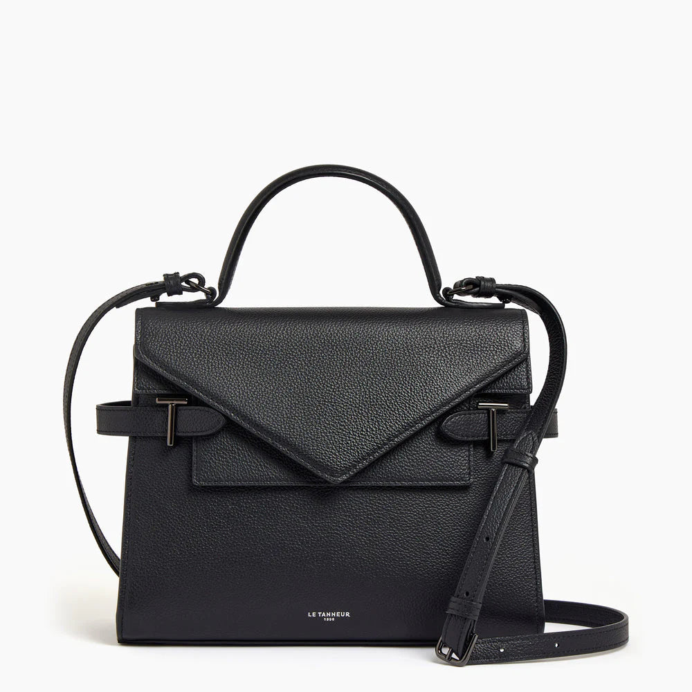 Emilie Medium Handbag With Double Flap In Grained Black Leather