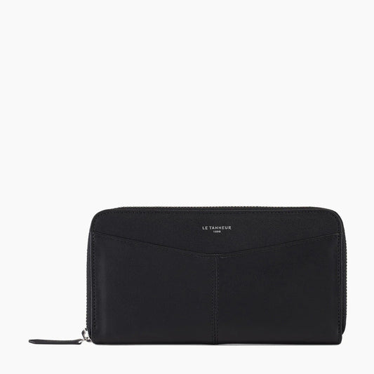 Charlotte Zipped Travel Companion With Flap In Black Smooth Leather