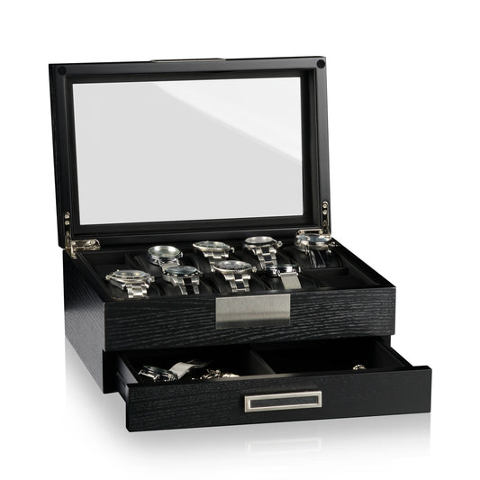 Watch Box Monteray 10 - Black Satin Matt With Drawer